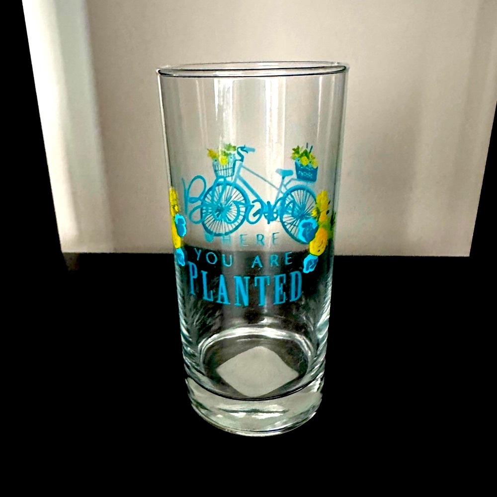 New “Bloom where you are planted” skinny glass with flowers and bicycle